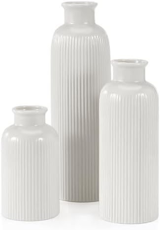 White Ceramic Vase Set of 3 Boho Modern Farmhouse Decor