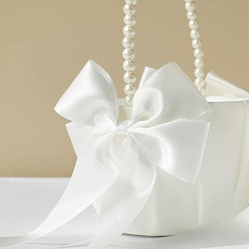 Wedding Flower Girl Basket with Pearl Handle and Bowknot