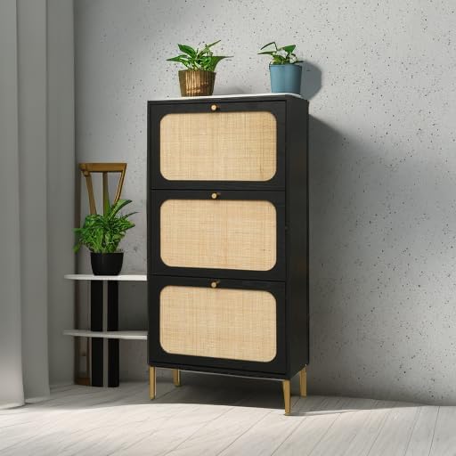 zehuoge rattan shoe cabinet with 3 flip drawers black