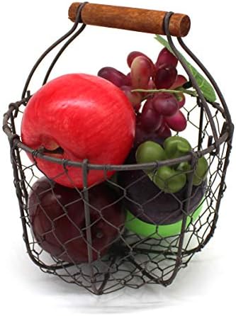 CVHOMEDECO Round Chicken Wire Egg Basket with Wooden Handle