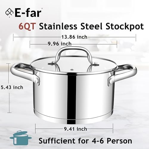 E-far 6 Quart Stock Pot with Lid Stainless Steel