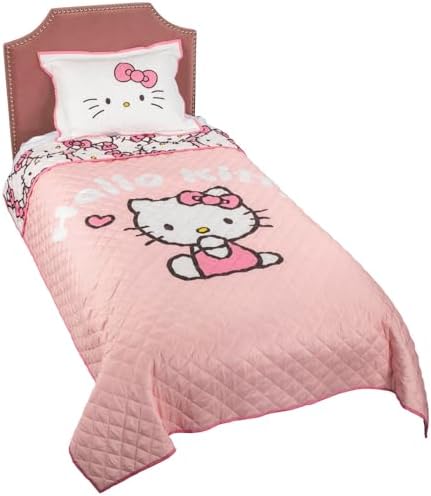 Jay Franco Hello Kitty Pink Stripes Hearts Twin Quilt Set