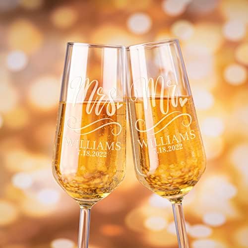 Personalization Lab Champagne Flutes Set of 2 with Last Name and Date
