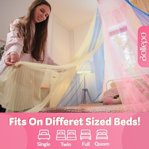 Bollepo Glowing Star Bed Canopy for Girls - Rainbow Mesh Netting