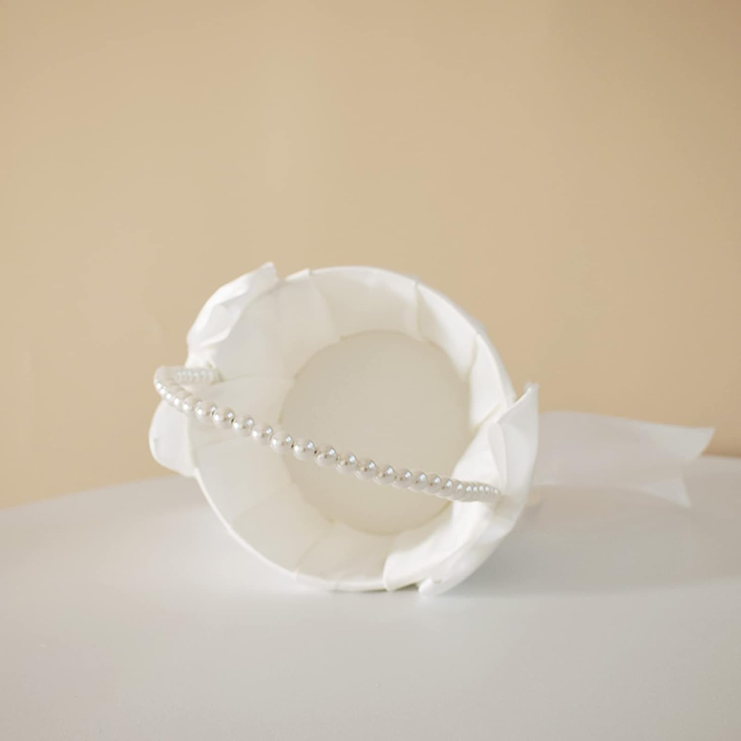 Wedding Flower Girl Basket with Pearl Handle and Bowknot
