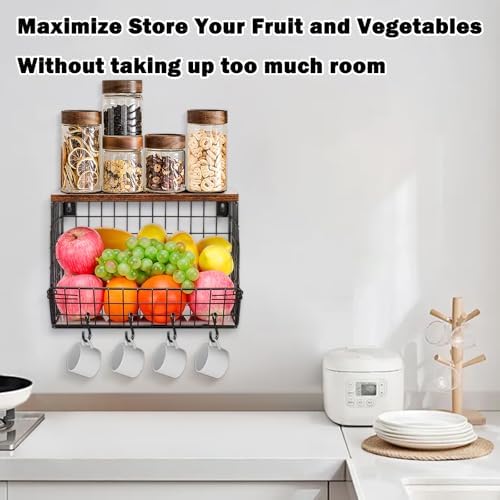 Livabber Fruit Basket with Wood Shelf and 4 S-Hooks