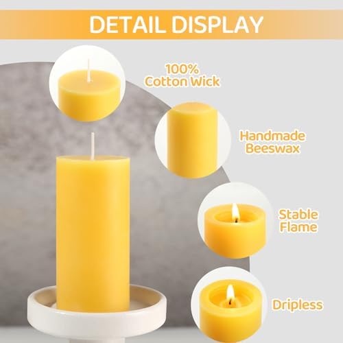 6 Pack Natural Beeswax Pillar Candles - 210 Hours Long Burning