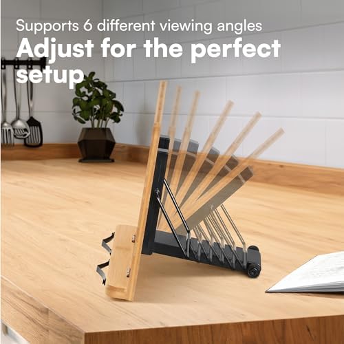 HS Bamboo Recipe Book Holder - Foldable Stand for Desk Kitchen and Bed