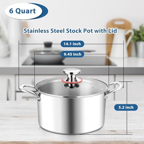 E-far 6 Quart Stock Pot with Glass Lid and Tri-Ply Steel
