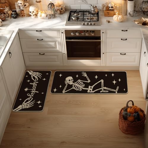 Artoid Mode Spooky Skeleton Spider Bone Kitchen Mats Set of 2 Black