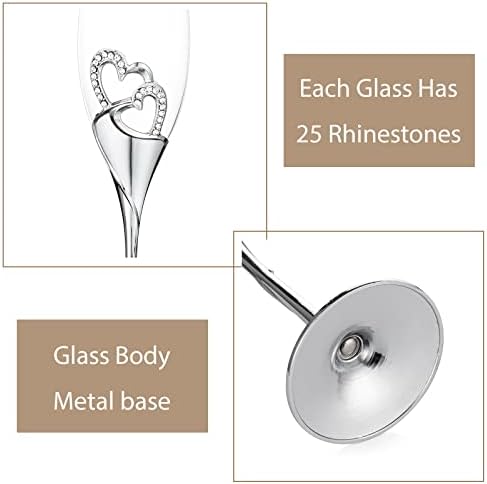 Silver Toasting Flutes with Rhinestone Heart Decor for Wedding