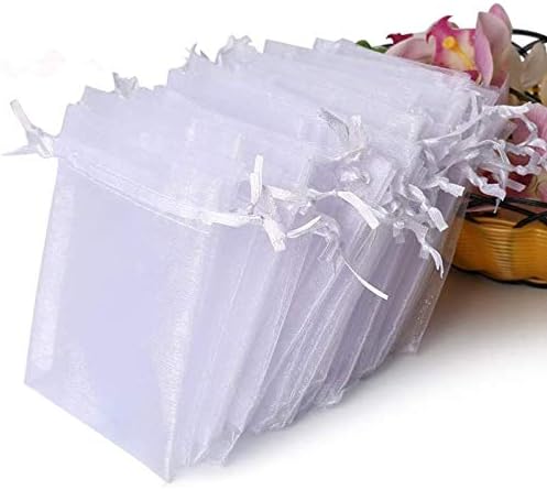 Hopttreely 100PCS Premium White Organza Bags for Wedding Jewelry Party Favors