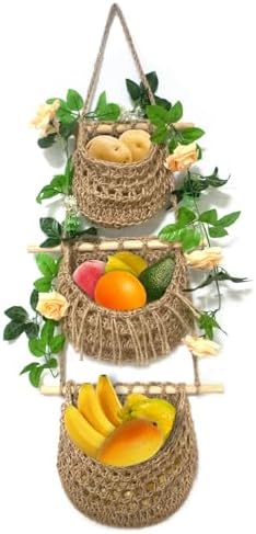 3 Tier Jute Hanging Fruit Basket for Kitchen