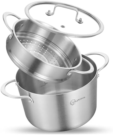 LOLYKITCH 3 Qt Tri-Ply Stock Pot with Lid and Steamer