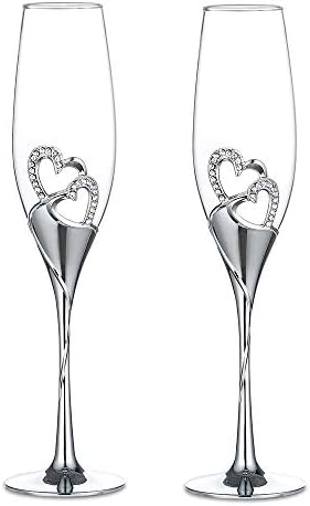Silver Toasting Flutes with Rhinestone Heart Decor for Wedding