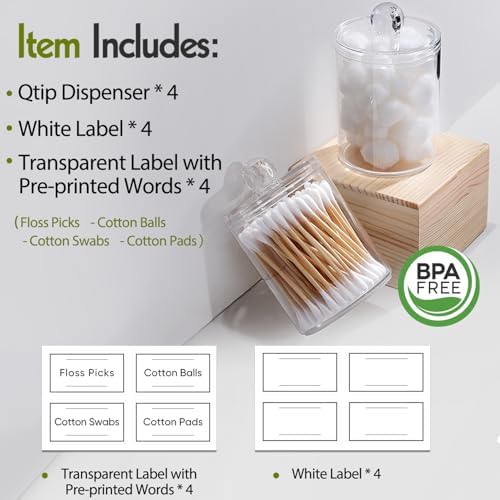 4 Pack Acrylic Q-Tip Holder Dispenser Set