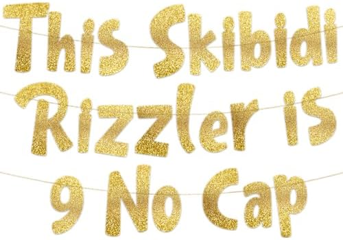 9 No Cap Gold Glitter Banner for 9th Birthday Party Supplies