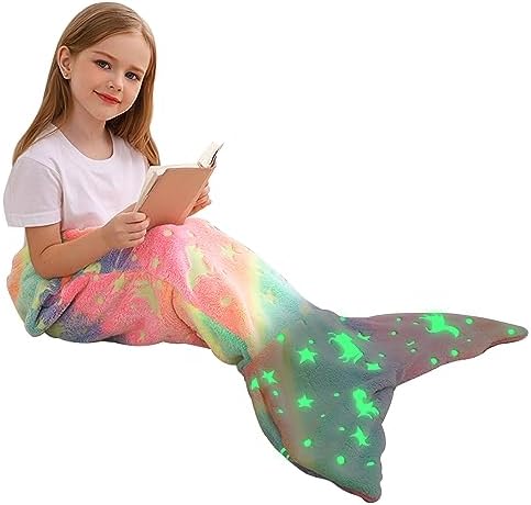 Viviland Kids Mermaid Tail Blanket - Glow in the Dark Super Soft Flannel 17x39