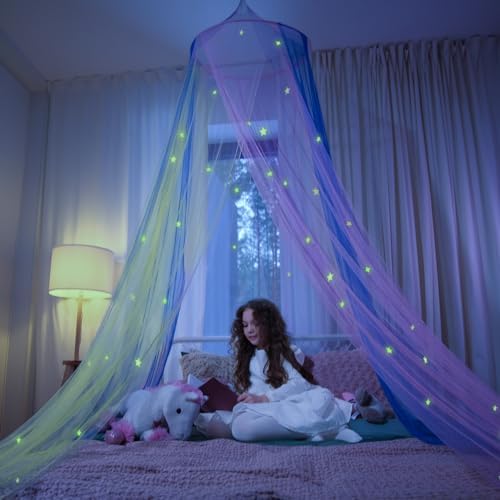 Bollepo Glowing Star Bed Canopy for Girls - Rainbow Mesh Netting