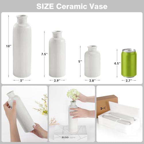 White Ceramic Vase Set of 3 Boho Modern Farmhouse Decor