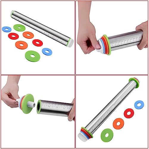 Stainless Steel Rolling Pin with Adjustable Rings and Silicone Mat Set