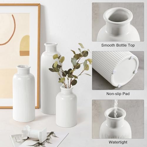 White Ceramic Vase Set of 3 Boho Modern Farmhouse Decor