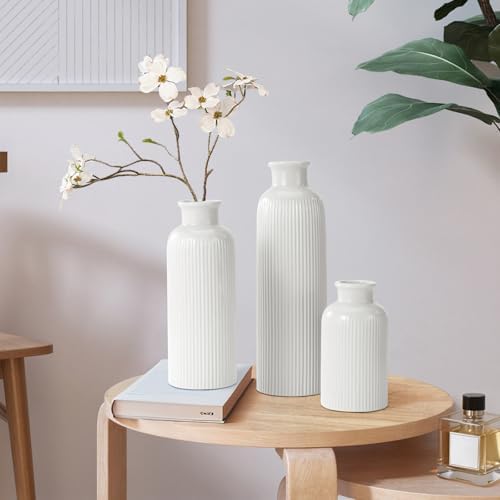 White Ceramic Vase Set of 3 Boho Modern Farmhouse Decor