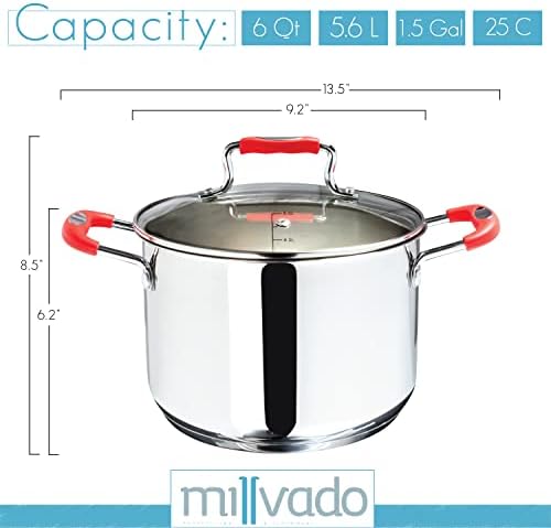 Millvado 6 Quart Stainless Steel Stock Pot with Glass Lid