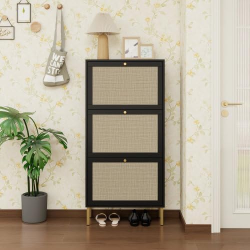 zehuoge rattan shoe cabinet with 3 flip drawers black