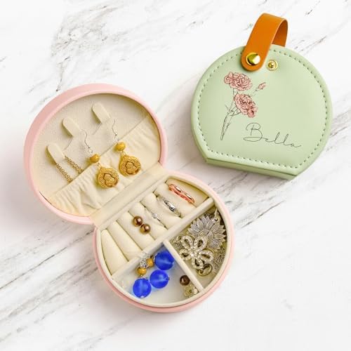 Personalized Leather Jewelry Box with Name and Birth Flower