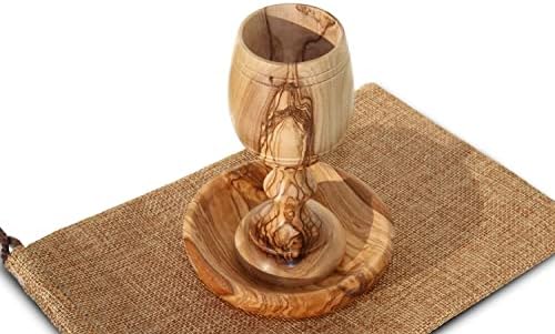 Hand-Carved Olive Wood Communion Cup with Bread Tray