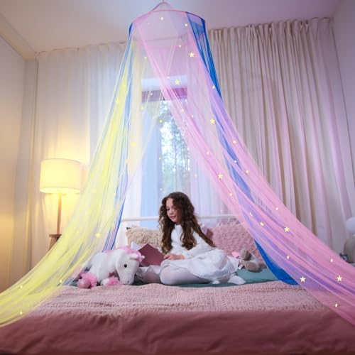 Bollepo Glowing Star Bed Canopy for Girls - Rainbow Mesh Netting