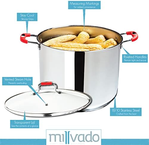 Millvado 6 Quart Stainless Steel Stock Pot with Glass Lid