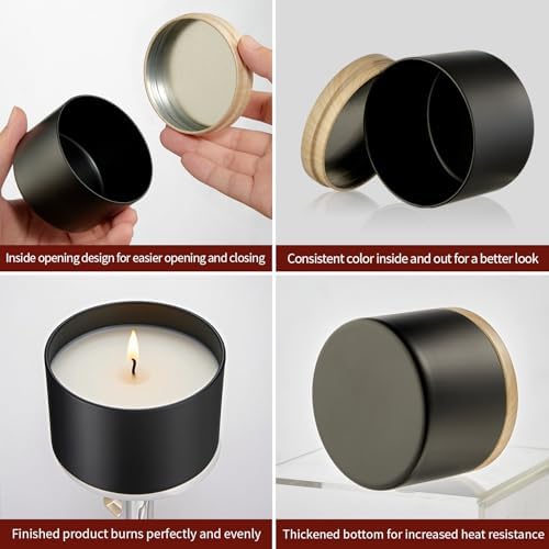 Sturdy Metal Candle Tins with Wooden Lids 4oz 8oz 12pcs Black