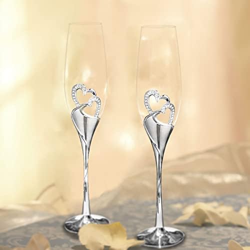 Silver Toasting Flutes with Rhinestone Heart Decor for Wedding