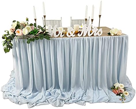 Blue Pooling Chiffon Table Skirt 14FT Extra Length