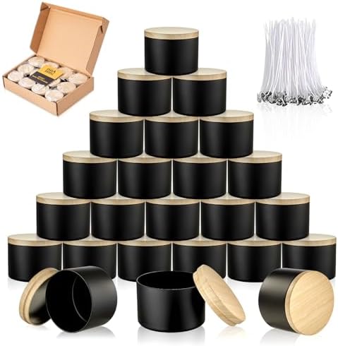 Sturdy Metal Candle Tins with Wooden Lids 4oz 8oz 12pcs Black