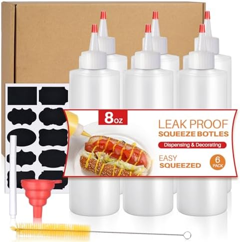 Sopito 8oz Condiment Squeeze Bottles with Labels and Funnels 6 Pack