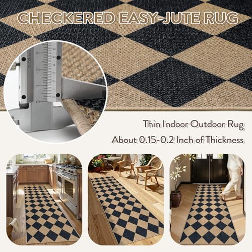 Lahome Checkered Jute-Style Runner Rug 2x8 Non-Slip Indoor Outdoor