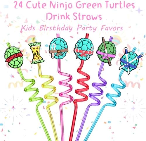 24 Reusable Ninja Green Turtle Straws for Kids Party Favors