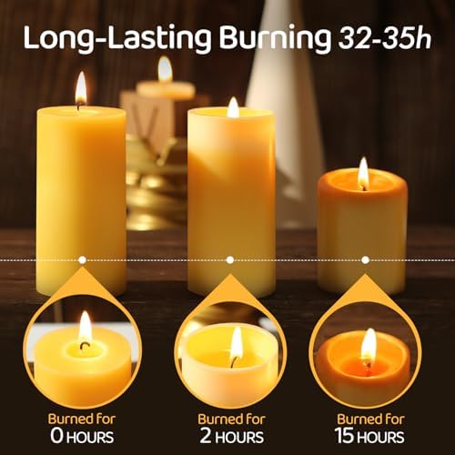 6 Pack Natural Beeswax Pillar Candles - 210 Hours Long Burning