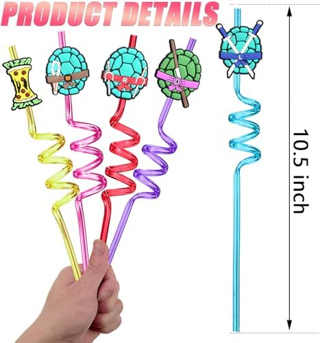 24 Reusable Ninja Green Turtle Straws for Kids Party Favors