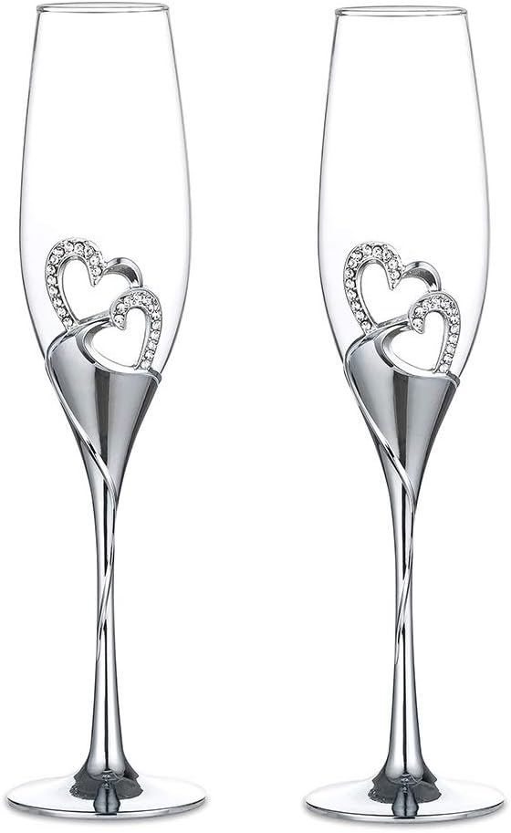 Silver Toasting Flutes with Rhinestone Heart Decor for Wedding