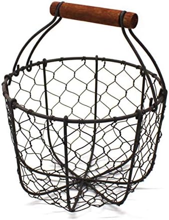 CVHOMEDECO Round Chicken Wire Egg Basket with Wooden Handle