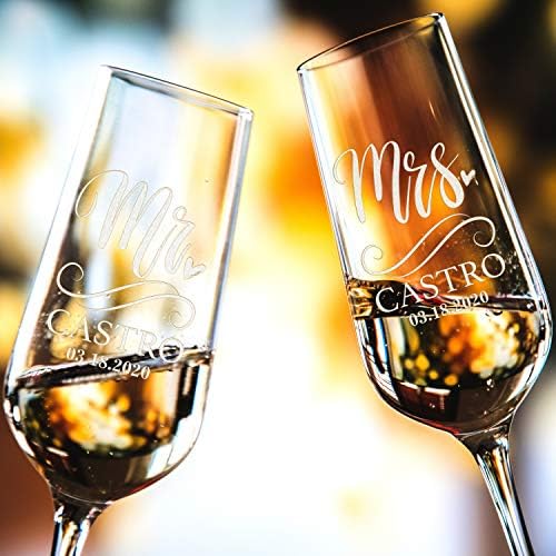 Personalization Lab Champagne Flutes Set of 2 with Last Name and Date