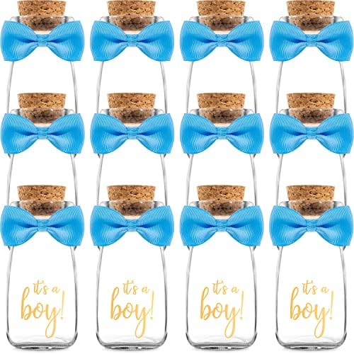 Small 12 Pack Its a Boy Milk Glass Bottles with Ribbons and Stickers