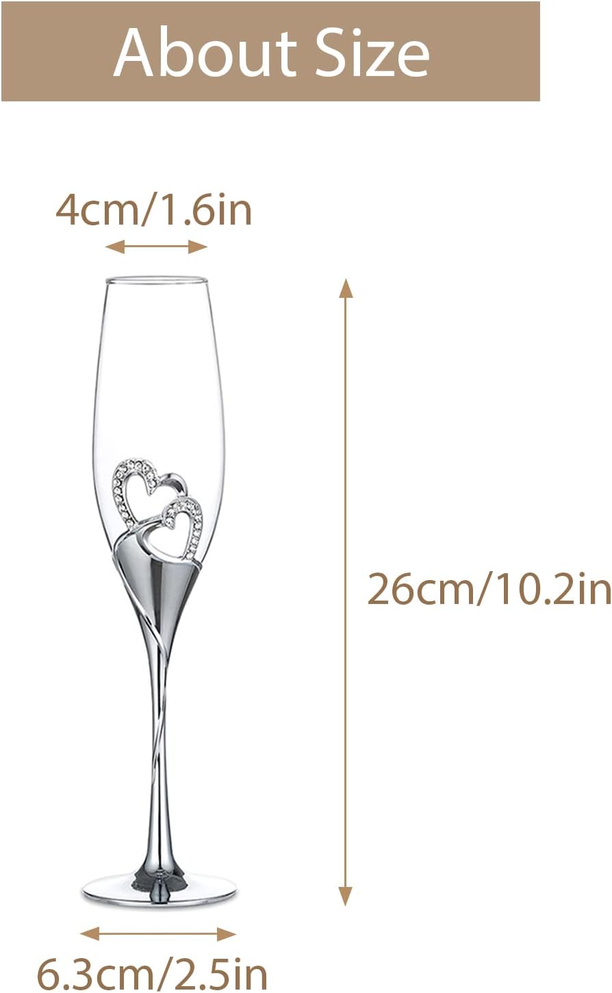 Silver Toasting Flutes with Rhinestone Heart Decor for Wedding