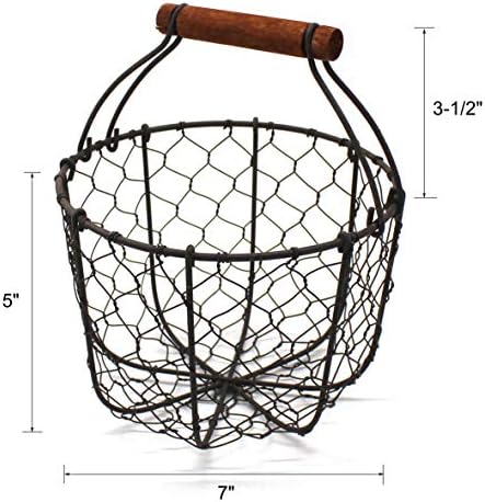 CVHOMEDECO Round Chicken Wire Egg Basket with Wooden Handle