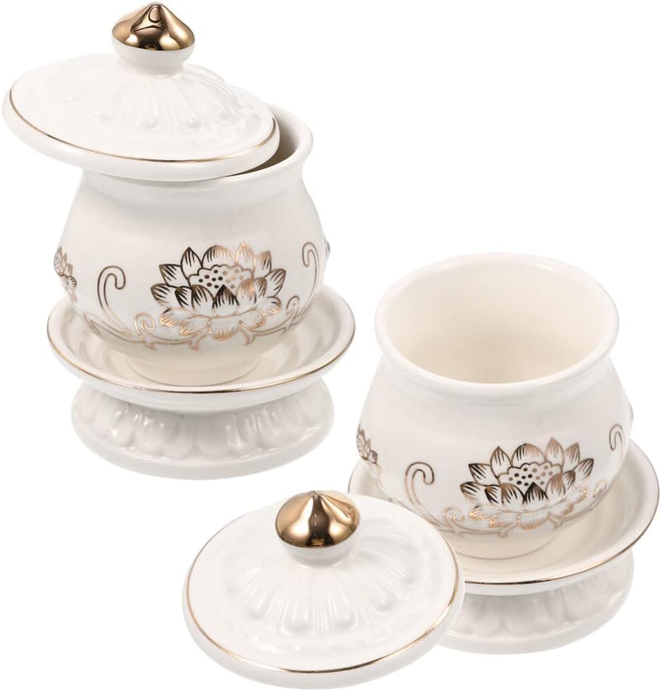 HOMSFOU Ceramic Lotus Water Offering Cups 2pcs
