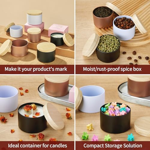 Sturdy Metal Candle Tins with Wooden Lids 4oz 8oz 12pcs Black